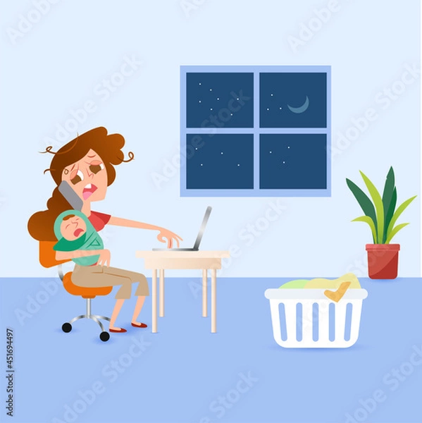 Fototapeta Stressed mom home working with baby crying