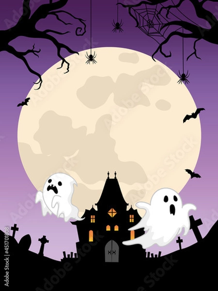 Obraz ハロウィン背景　お化け屋敷と幽霊と満月