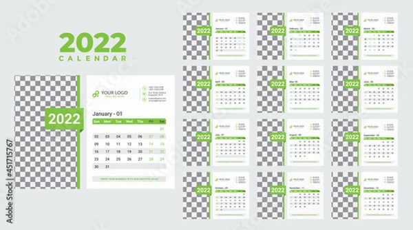 Obraz Calendar design for 2022. Week starts on Sun. Set of 12 calendar pages vector design print template with place for photo and company logo. Desk calendar template with white background.