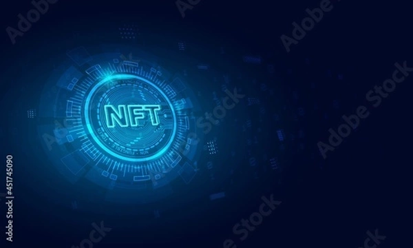 Fototapeta Non-fungible token (NFT) coin.Bluie abstract technology background.