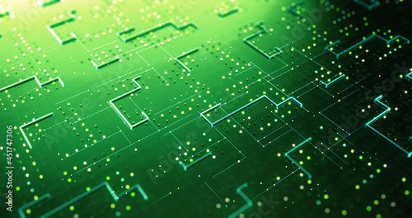 Obraz CPU Circuit Technology Background. Data Signals Flowing. Artificial Intelligence. Computer And Technology Related 3D Illustration Render.
