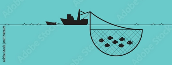 Fototapeta Vector illustration of a seiner fishing. A fishing vessel, a purse-seine boat, a net, ocean and fish drawing in back over blue background.