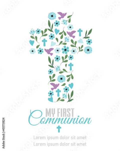 Fototapeta My first communion card. Floral crucifix. Isolated vector	