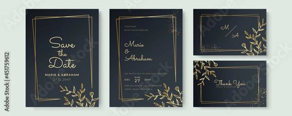 Fototapeta Wedding invitation cards with minimal black texture background and gold geometric floral line design vector. Black Set Card Wedding Invitation, floral invite thank you, rsvp modern card Design