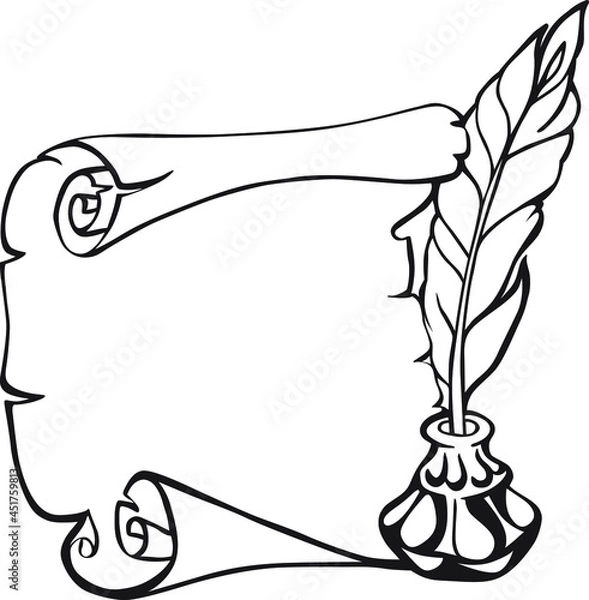 Fototapeta Scroll of paper, feather and inkwell in vintage sketch style. Hand drawn vector illustration.