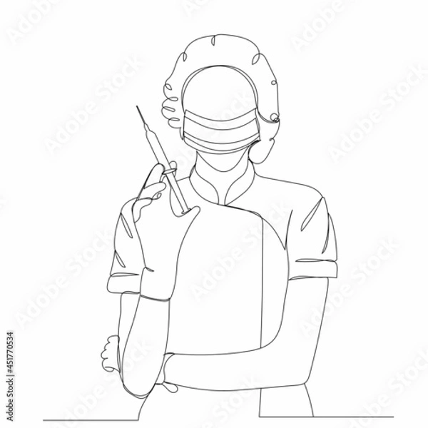 Fototapeta continuous line drawing doctor with syringe sketch