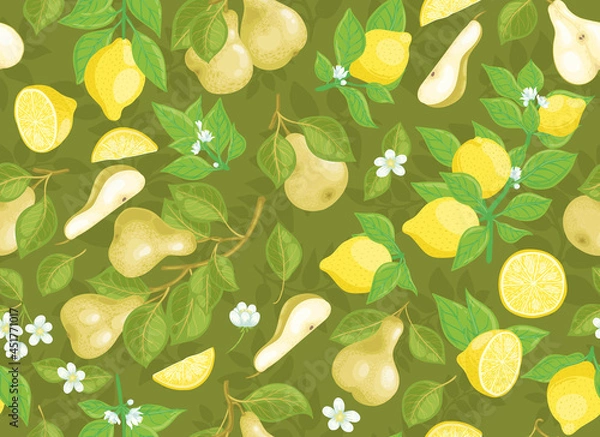 Fototapeta Seamless vector pattern of pears and lemons on a dark green background. For fabric, paper or Wallpaper.