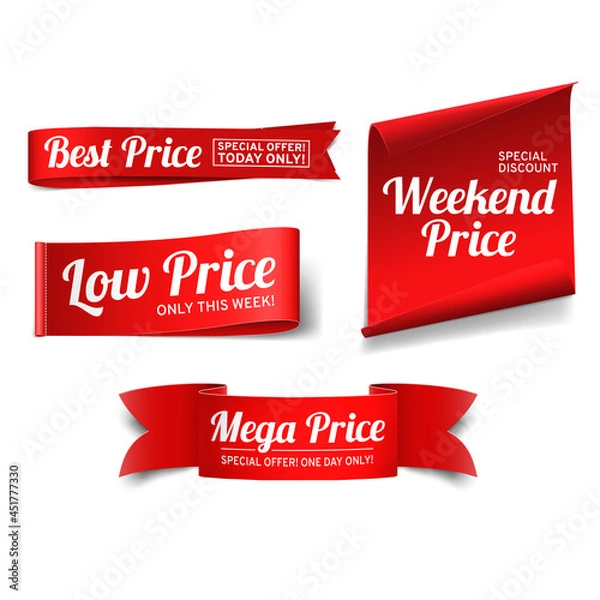 Obraz A set of red paper banners for offers. Isolated on white background. Realistic style. Graphic elements for design. Stock vector illustration.