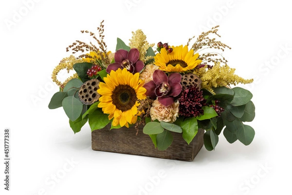 Fototapeta Upscale Autumn Flower Arrangement with Sunflowers - Mixed Fall Season Flowers in a wood box container designed by professional florist