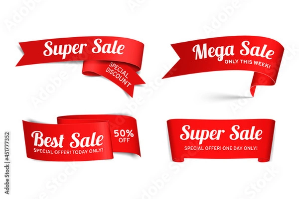 Obraz A set of red paper sale banners. Isolated labels on white background. Realistic style. Graphic elements for design. Stock vector illustration.