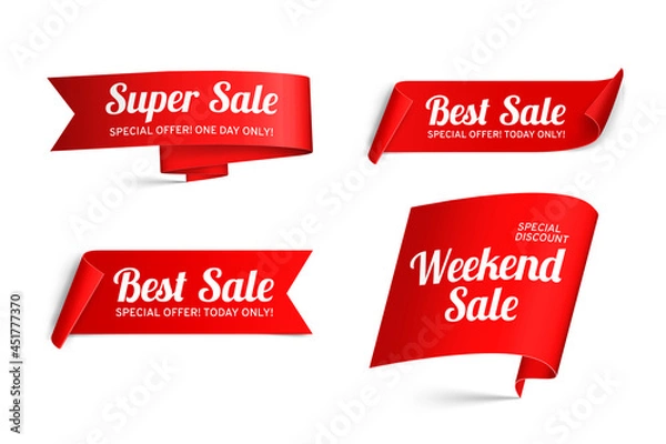 Obraz A set of red paper sale banners. Isolated on white background. Realistic style. Graphic labels for design. Stock vector illustration.