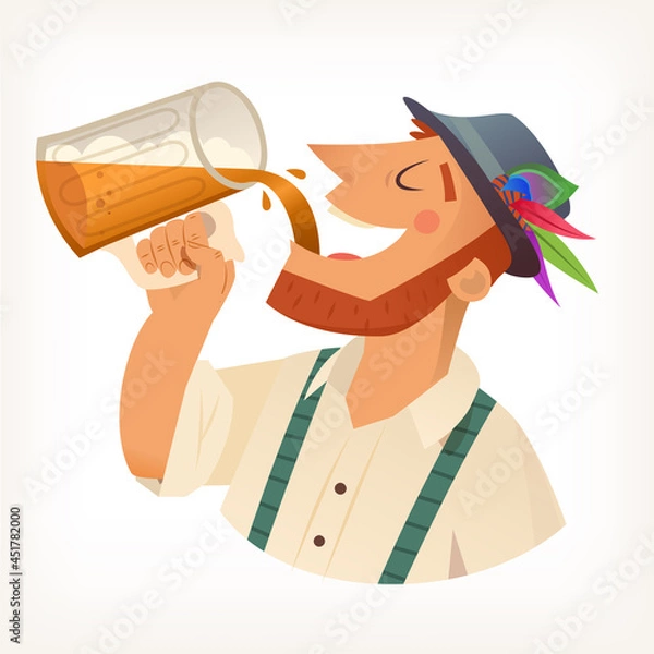 Obraz Ginger man with beard in hat drinking beer with foam pouring it from big full mug into the mouth. Isolated vector illustration 