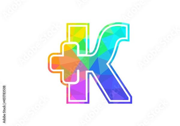 Fototapeta Initial K monogram alphabet with a plus logo sign. Low poly art style. Font emblem. Modern vector logo for medical or health business, and company identity