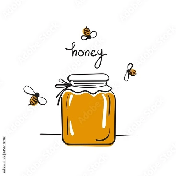 Fototapeta Jar with honey cartoon illustration. Vector sketch.