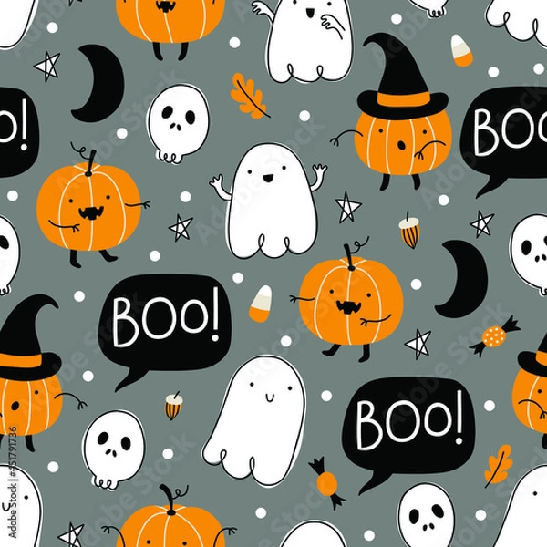 Fototapeta Vector seamless pattern for Halloween. Pumpkin, ghost, candy on Halloween theme.