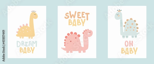 Fototapeta Dino baby princess poster with cute lettering. Childish simple hand draw style Pastel palette Cute print vector