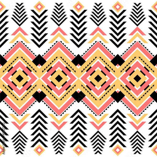 Obraz Ethnic pattern on white background, vector seamless pattern with yellow, pink, and black. Traditional geometric pattern design. Textile abstract pattern