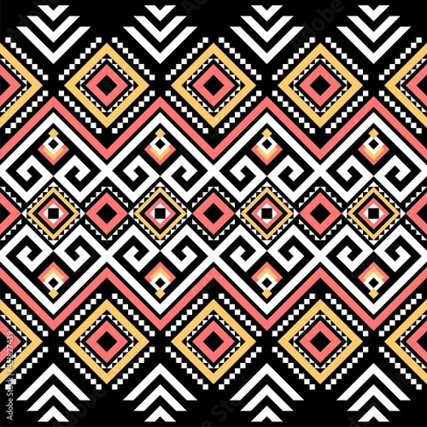 Obraz Ethnic pattern on. Black background, vector seamless pattern with yellow, pink, and white. Traditional geometric pattern design. Textile abstract pattern