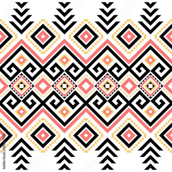 Obraz Ethnic pattern on white background, vector seamless pattern with yellow, pink, and black. Traditional geometric pattern design. Textile abstract pattern