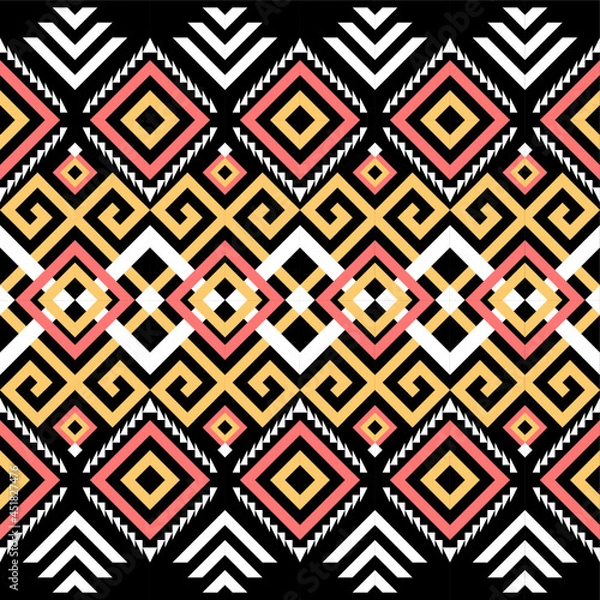 Obraz Ethnic pattern on. Black background, vector seamless pattern with yellow, pink, and white. Traditional geometric pattern design. Textile abstract pattern