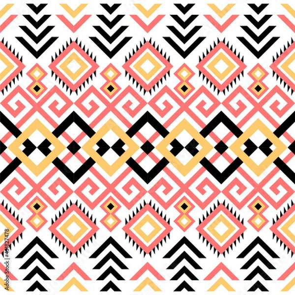 Fototapeta Ethnic pattern on white background, vector seamless pattern with yellow, pink, and black. Traditional geometric pattern design. Textile abstract pattern