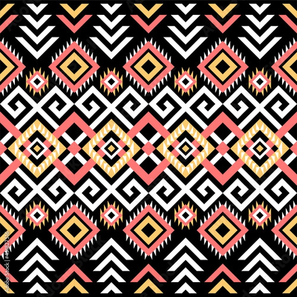 Fototapeta Ethnic pattern on. Black background, vector seamless pattern with yellow, pink, and white. Traditional geometric pattern design. Textile abstract pattern