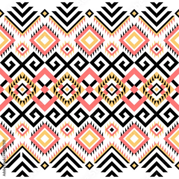 Obraz Ethnic pattern on white background, vector seamless pattern with yellow, pink, and black. Traditional geometric pattern design. Textile abstract pattern