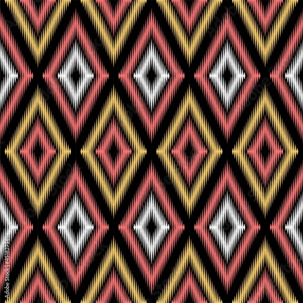 Fototapeta Traditional textile pattern, ethnic pattern on black background, ikat pattern 