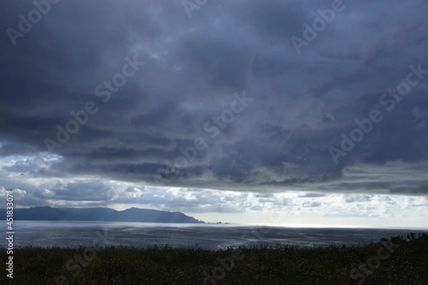 Obraz Rays of the sun illuminating the ferns of a cliff through the clouds on the north coast of Spain