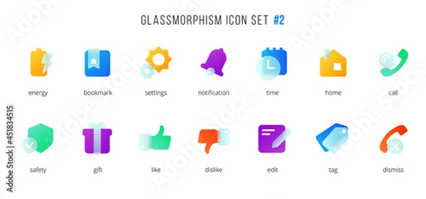 Fototapeta A set of vector icons of the modern trend in the style of glassmorphism with gradient, blur and transparency. The collection includes 14 icons of different colors in a single style. part 2