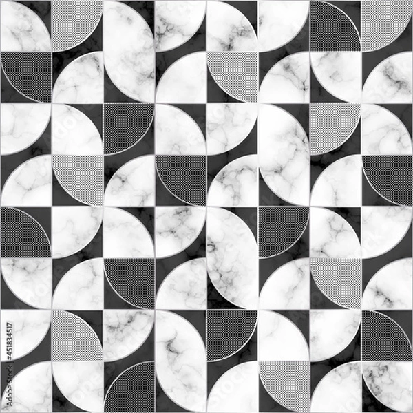 Fototapeta Marble seamless pattern. Repeating white and black marble texture. Geometry floor. Mosaic background for design home print. Repeated elegant geometric pattern. View above laminate. Top tile. Vector