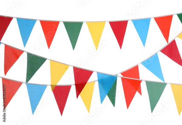 Fototapeta Buntings with colorful triangular flags on white background. Festive decor