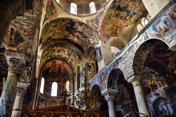 Fototapeta Mystras fortress and Byzantine city in Greece. Church interior and beautiful frescoes 