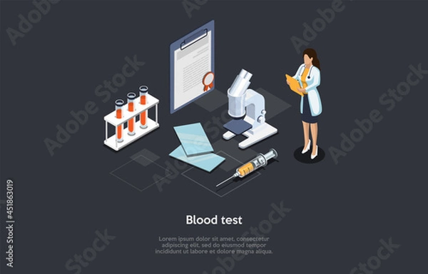 Fototapeta Medical Blood Test Concept Illustration On Dark Background. Cartoon Style 3D Composition. Isometric Vector Design. Hospital Treatment Process. Female Doctor, Documents, Microscope, Tubes And Syringe.