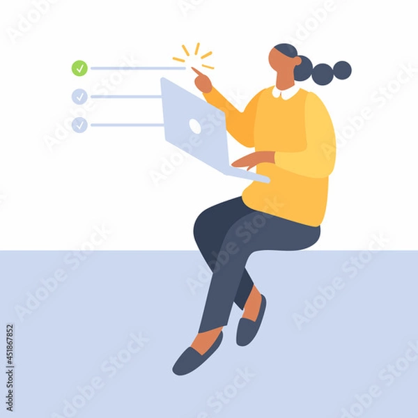Fototapeta Woman work on laptop - concept of completing task from to-do list.Programmer on remote work, distance E-learning or online training.Lady developer with notebook. Funky figures.Raster illustration