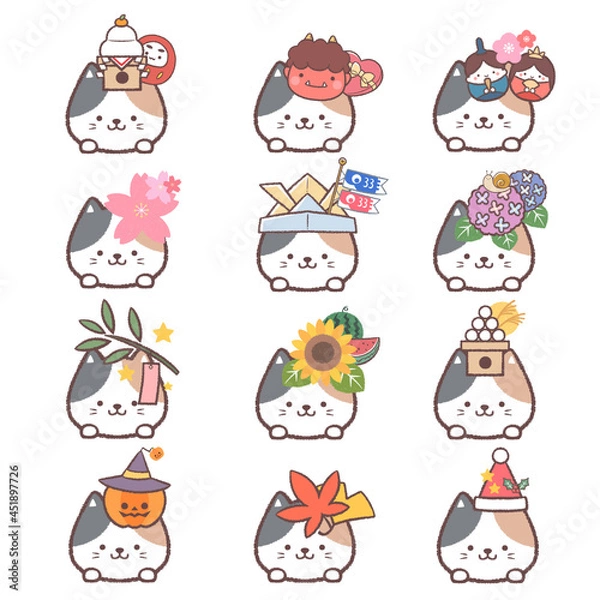 Fototapeta ミケネコと季節のアイコンセット