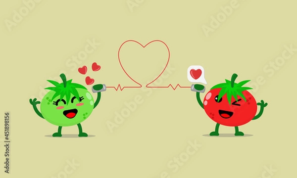 Fototapeta Illustration vector cartoon character of cute tomato says fall in love with each other through the cans phone. Suitable for design of valentine's day and romance