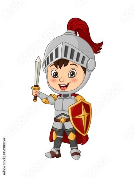 Obraz Cartoon knight boy holding sword and shield