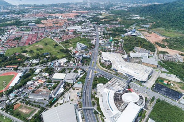Fototapeta Drones Aerial View top down of road junction from above Image for transportation background,automobile traffic of many cars and sign,symbol on road.
