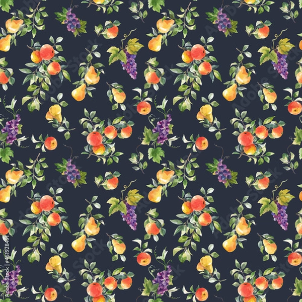 Fototapeta Beautiful vector seamless pattern with hand drawn watercolor tasty summer pear apple grape fruits. Stock illustration.