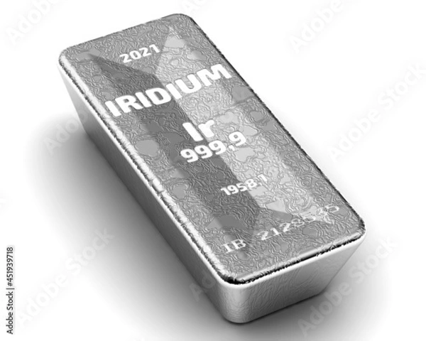 Fototapeta The highest standard iridium bar. One ingot of 999.9 Fine Iridium bar on white background. 3D illustration