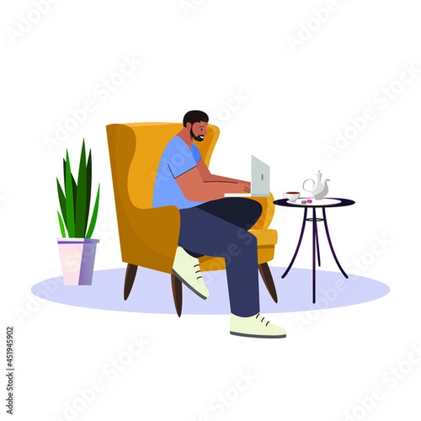Obraz Young Man Surfing The Internet On A Laptop While Sitting On The Sofa Drinking Tea with Biscuits Doing Freelance Work. Flat Vector Illustration.