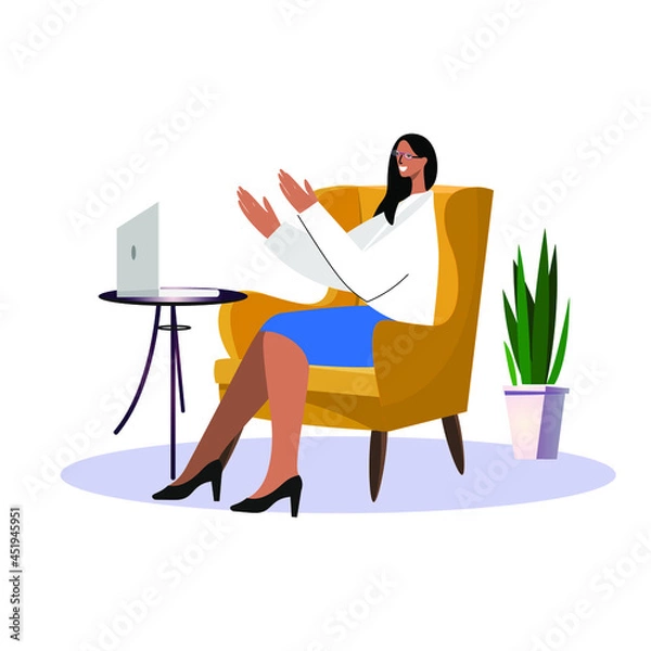 Fototapeta Young Woman Surfing The Internet On A Laptop While Sitting On The Sofa Doing Freelance Work. Flat Vector Illustration.