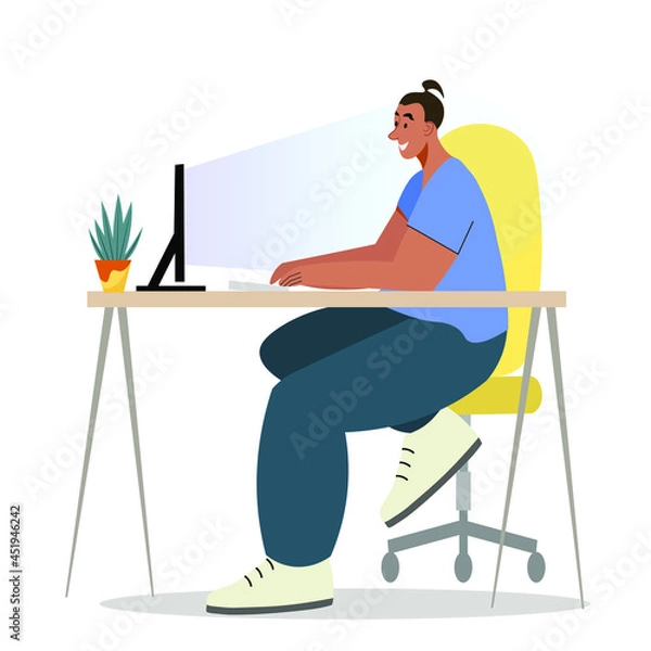 Fototapeta Freelancer working from home. Young programmers concentrated on working on a  computer. Developing programming and coding technologies. Flat Vector Illustration.