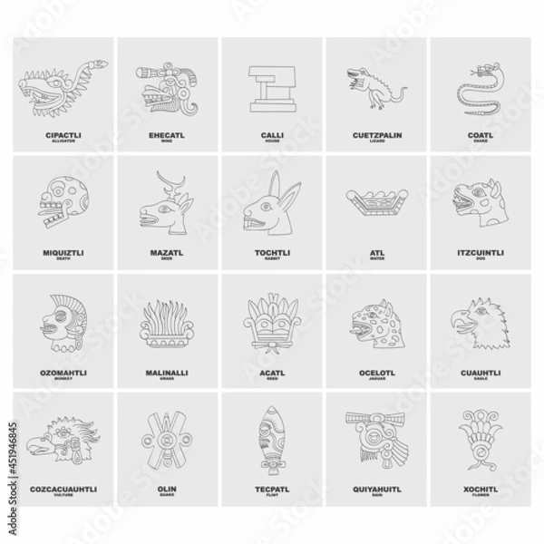 Fototapeta Vector icon set with Glyphs from Aztec calendar. Calendar days symbols