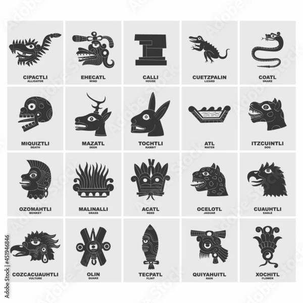 Fototapeta Vector icon set with Glyphs from Aztec calendar. Calendar days symbols