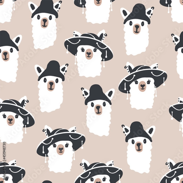 Obraz Funny cute seamless pattern with a portrait of a lami in a hat.Creative llama childish texture.For printing baby textile, fabrics, design, decor, gift wrap.Modern cartoon style. Isolated in background