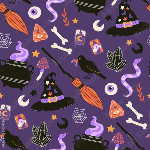 Obraz Halloween seamless pattern. Hand drawn holiday background. Cute spooky vector illustration.