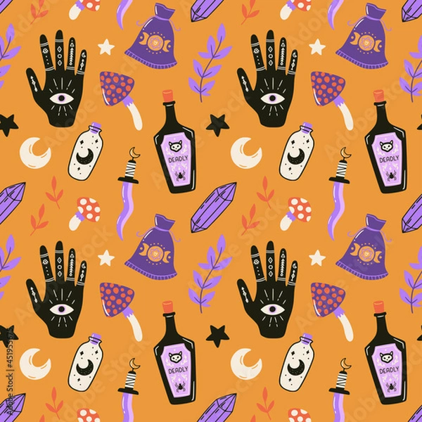 Obraz Halloween seamless pattern. Hand drawn holiday background. Cute spooky vector illustration.