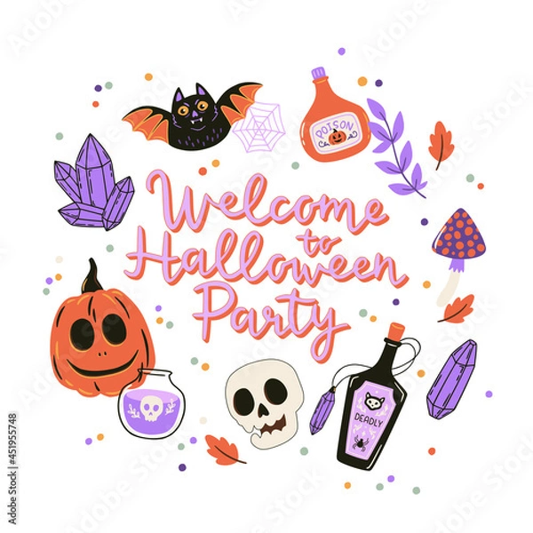 Obraz Cute Halloween print with cartoon elements and lettering. Hand drawn illustration.